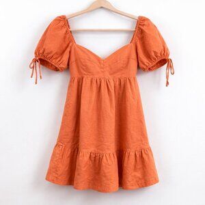 Olivaceous Orange Linen Puff Sleeve Babydoll Mini Dress Smocked Medium Coastal